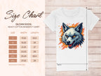 A size chart for Garment Graphics Gildan 5000L heavy cotton womens T-shirt (S to 3XL) is displayed. Next to it, a wolf print shirt features a dynamic white and gray wolf on an orange splash background, ideal for bold personalities.