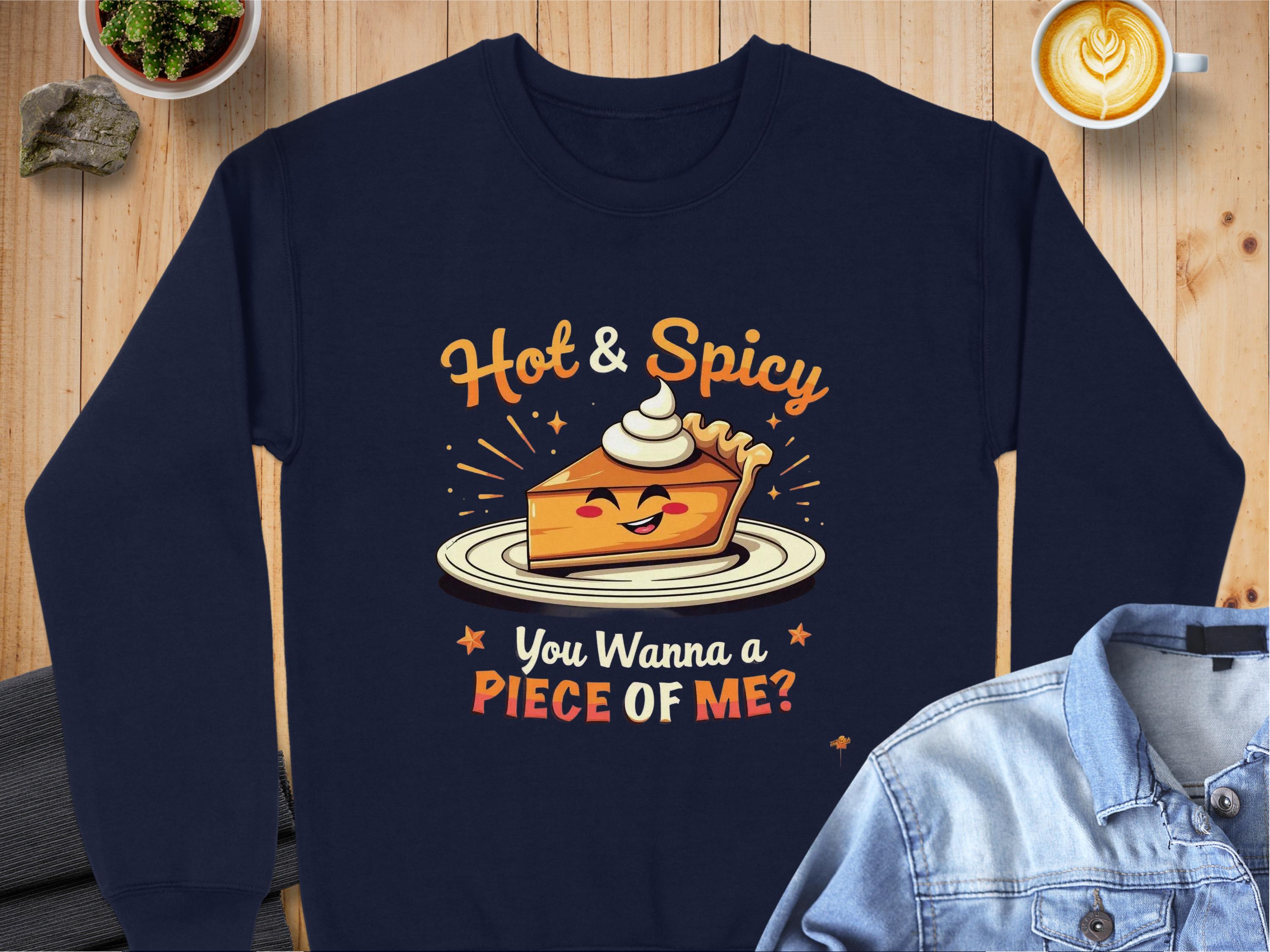 A charming navy blue graphic sweatshirt by Garment Graphics features a cartoon pie slice with whipped cream and playful text, Hot & Spicy You Wanna a Piece of Me? Perfectly styled on a wooden table with a denim jacket, coffee, and decorative items, this unisex piece is delightful.