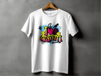 A white T-shirt from Garment Graphics hangs on a wooden hanger against a gray wall. It features vibrant street art with graffiti-style text I Love Graffiti, paint splatters, and a silhouette of someone holding a spray can, embodying the Graffiti Love T-Shirts essence.