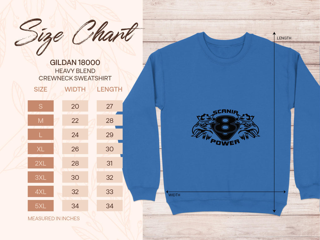 A blue crewneck sweatshirt from Garment Graphics features the Scania Power 8 logo with stylized wings. A size chart on the left for the Gildan 18000 offers sizes S to 5XL, detailing precise measurements in inches.