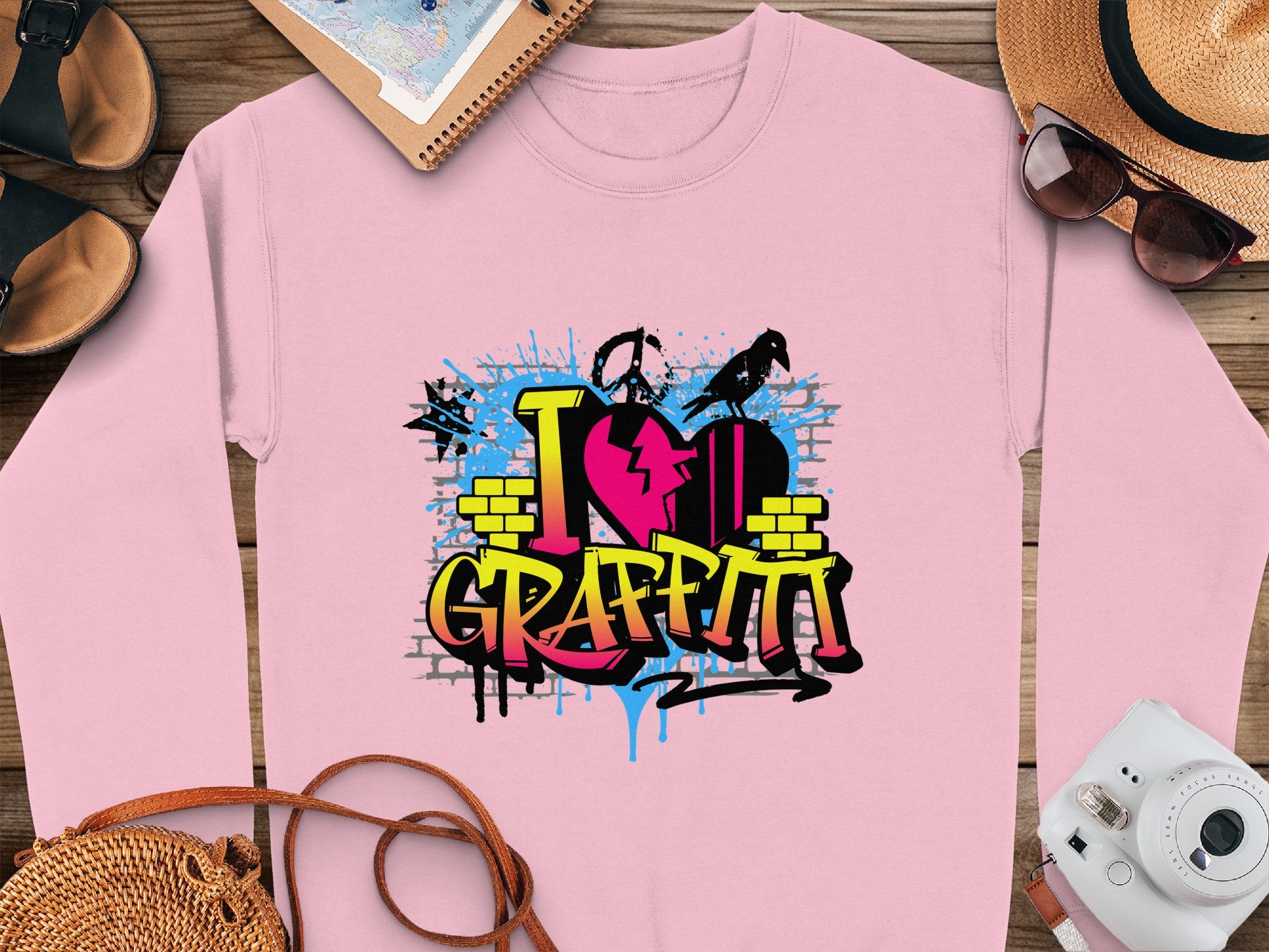 Garment Graphics presents a pink sweatshirt with a bold I Love Graffiti design in vibrant colors, featuring heart and brick elements. Set on wood, it’s paired with a notebook, hat, sandals, and camera—ideal for an urban style vibe.