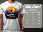 A man wears a sunset T-shirt with a silhouetted hiker and Retired 2025 Not My Problem Anymore. See the Garment Graphics size chart for S to 5XL with detailed measurements, ideal for stylish retirement celebrations!.
