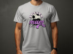 A person is wearing Garment Graphics classic fit light gray T-shirt with Soccer Mum in pink cursive, featuring a soccer ball and small stars on a plain dark background.
