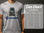 A person in a Garment Graphics gray t-shirt with a Scania truck and logo, ideal for truck fans, is shown beside a Gildan 5000 heavy cotton size chart. Sizes range from S to 5XL with exact width and length measurements in inches outlined.