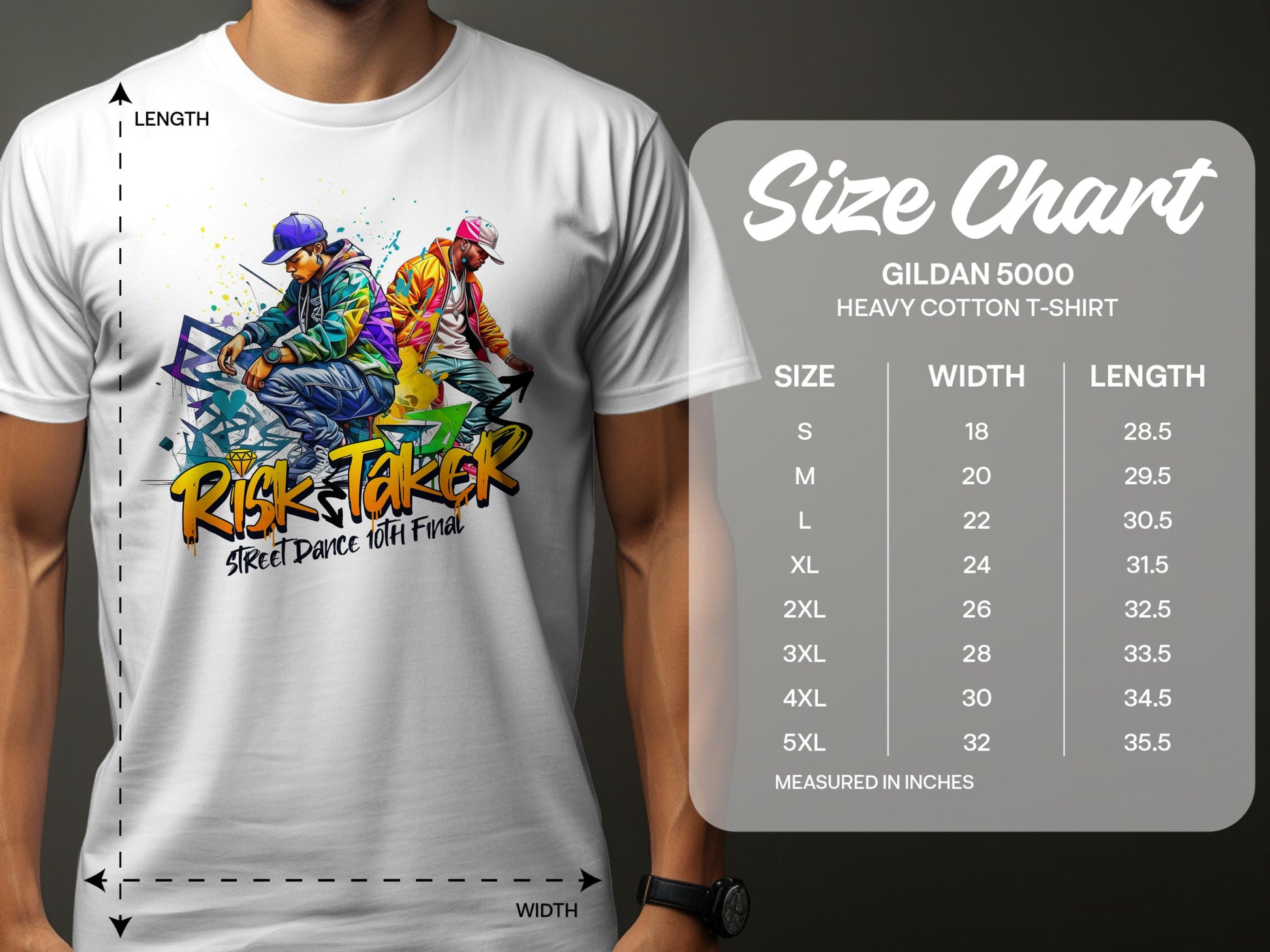 A man wears a white Garment Graphics tee featuring two dancers and Risk Taker 10th Final, celebrating street dance. Next to him, a size chart for the Gildan 5000 heavy cotton t-shirt shows options from S to 5XL.
