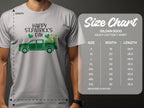 A person in a Garment Graphics white T-shirt shows Irish pride with a green pickup truck and shamrocks, labeled Happy St. Patricks Day. To the right is the Gildan 5000 heavy cotton T-shirt size chart: S-5XL, detailing widths and lengths in inches.