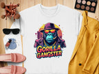The urban white sweatshirt by Garment Graphics features a gorilla in a hat, sunglasses, and gold chain with a cigar. Gorilla Gangster is printed below. It pairs well with brushes, makeup, shoes, sunglasses, and a vibrant yellow jacket.