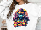Wearing the urban-styled white sweatshirt from Garment Graphics, one showcases the Gorilla Gangster design featuring a gorilla in sunglasses, hat, gold chain, and cigar. This colorful graphic exudes edgy street flair.