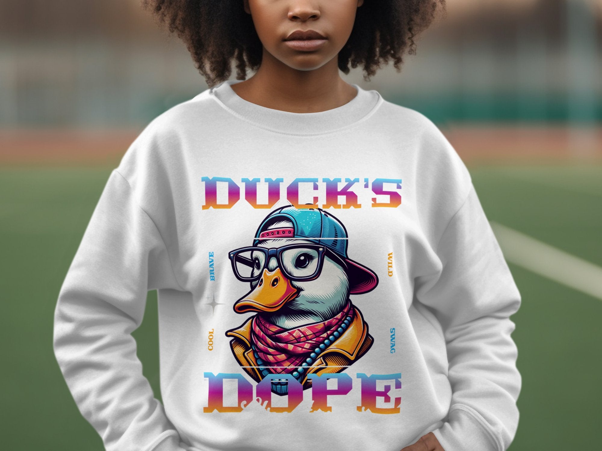 Sporting Garment Graphics white sweatshirt, a person flaunts a cartoon duck graphic in sunglasses, cap, and scarf. The vibrant Ducks Dope text pops against a blurred outdoor background, making it a bold fashion statement.