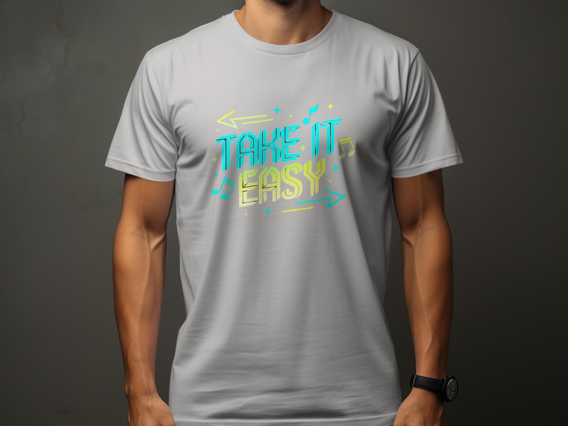 Wearing a Garment Graphics gray Take It Easy T-Shirt adorned with musical notes and arrows in bright neon colors on a dark background, the person radiates a playful vibe as the vibrant design stands out vividly.
