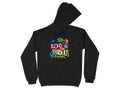 Garment Graphics black hoodie features a vibrant Loud & Proud design with a cartoon megaphone, headphones, and text bubbles. This bold piece includes a front pocket and hood, ideal for anyone wanting to make some noise with their style.