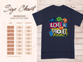 Garment Graphics T-shirt size chart ranges from small to 5XL, ideal for family sizing. It features a navy T-shirt with Hey Yo! Lets Go! Loud & Proud, incorporating football vibes and symbols like a megaphone and stars to express passion.