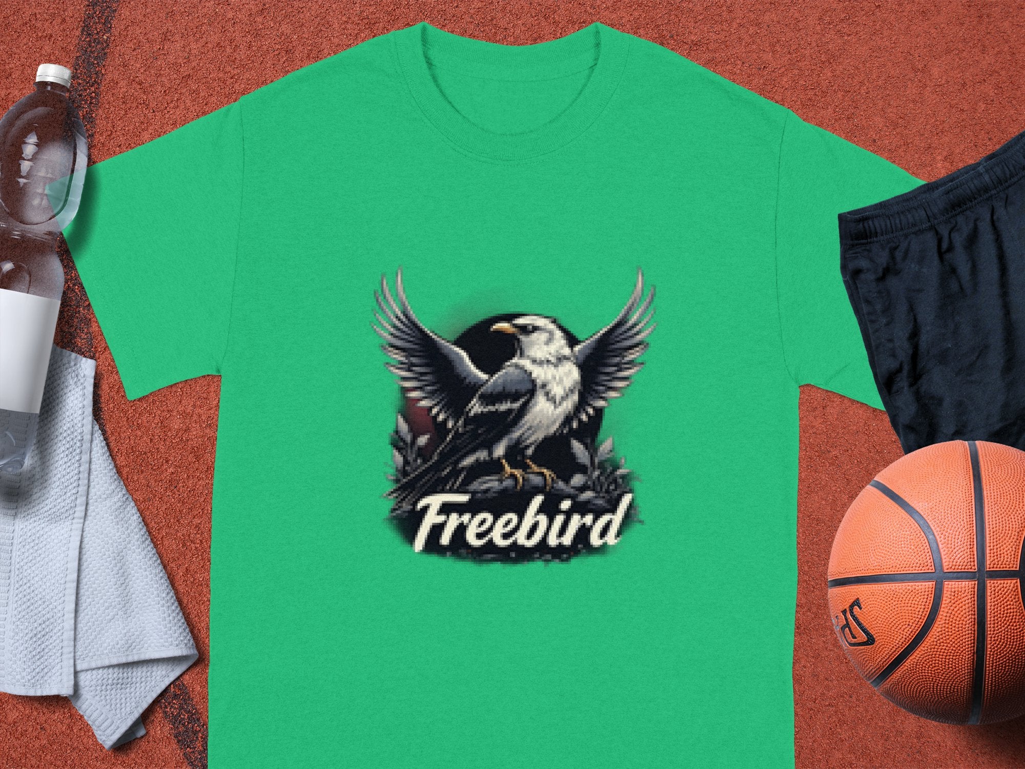 A Garment Graphics green graphic print T-shirt features an eagle with spread wings above the Freebird logo, displayed on a red surface with a basketball, black shorts, a clear bottle, and a white towel—an excellent addition to your casual wardrobe.