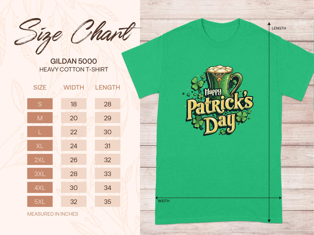 Celebrate with Garment Graphics green T-shirt featuring Happy Patricks Day and a festive beer mug with shamrocks. Includes a size chart for the Gildan 5000 heavy cotton T-shirt, providing measurements for sizes S to 5XL in width and length.