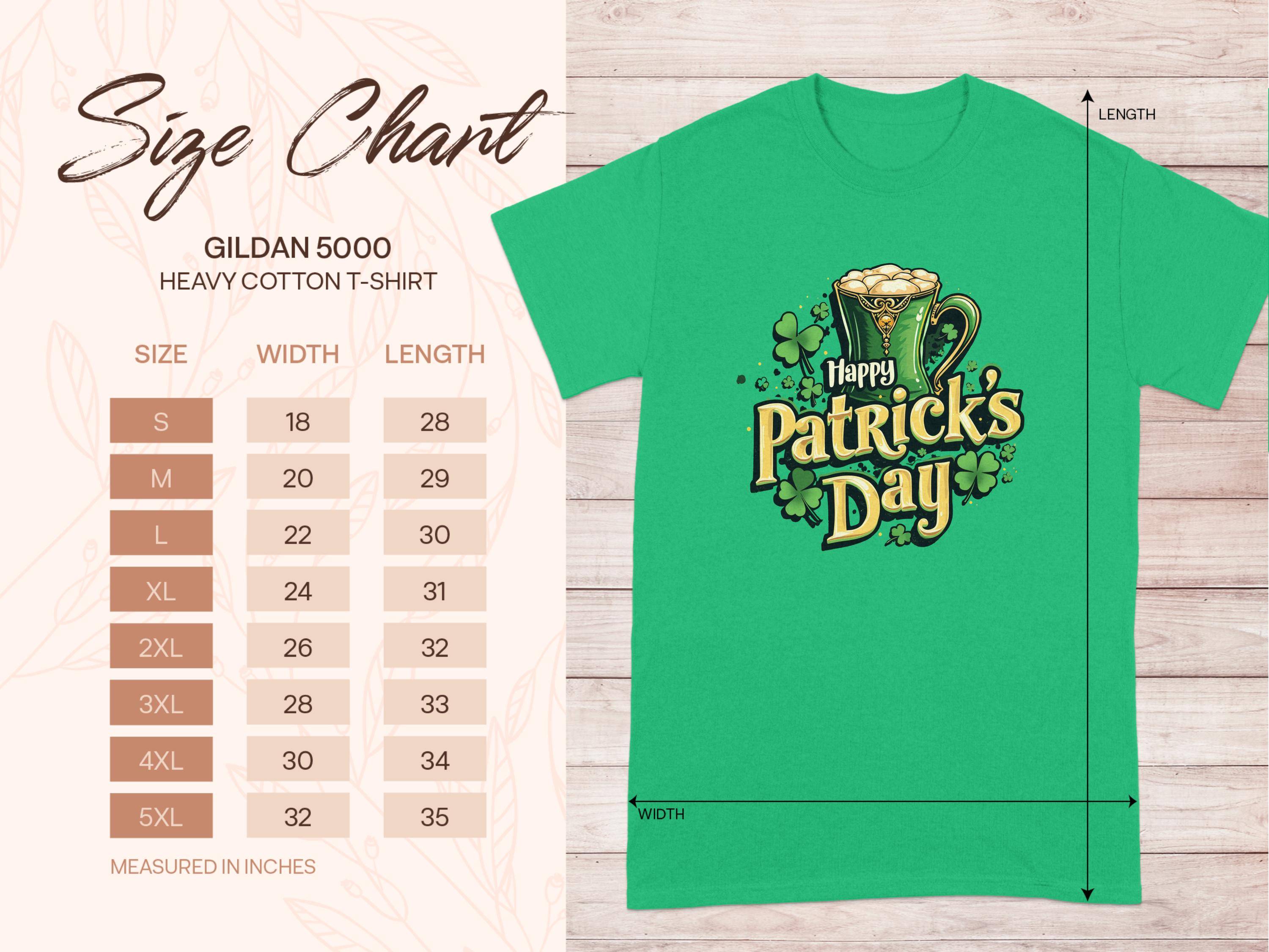 Celebrate with Garment Graphics green T-shirt featuring Happy Patricks Day and a festive beer mug with shamrocks. Includes a size chart for the Gildan 5000 heavy cotton T-shirt, providing measurements for sizes S to 5XL in width and length.