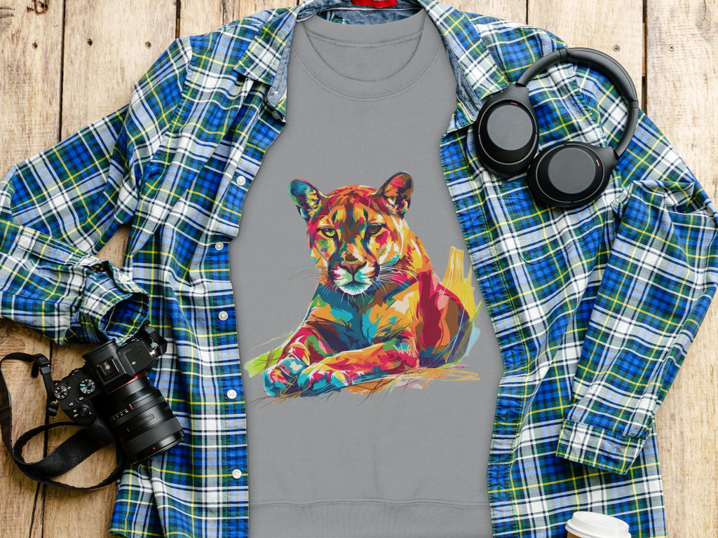 A Garment Graphics gray unisex t-shirt featuring a vibrant big cat design rests on wood, next to a blue and green plaid shirt, headphones, a camera, and a white cup with black lid.
