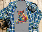 A Garment Graphics gray unisex t-shirt featuring a vibrant big cat design rests on wood, next to a blue and green plaid shirt, headphones, a camera, and a white cup with black lid.