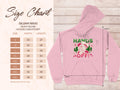 This bold Garment Graphics hoodie features a pink sweatshirt with a cactus design and HANDS OFF! on the front. Next to it, the Gildan 18500 size chart displays sizes S to 5XL with width and length in inches. Ideal for fans of edgy graphic hoodies.