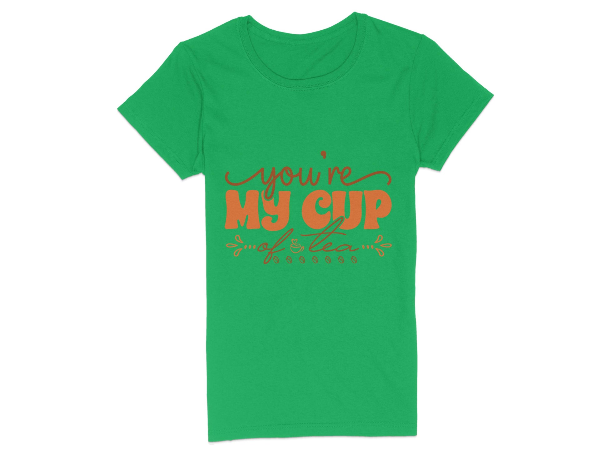 Garment Graphics 100% cotton Graphic T-shirt showcases a playful Youre My Cup of Tea slogan in orange, adorned with charming decorative leaves.