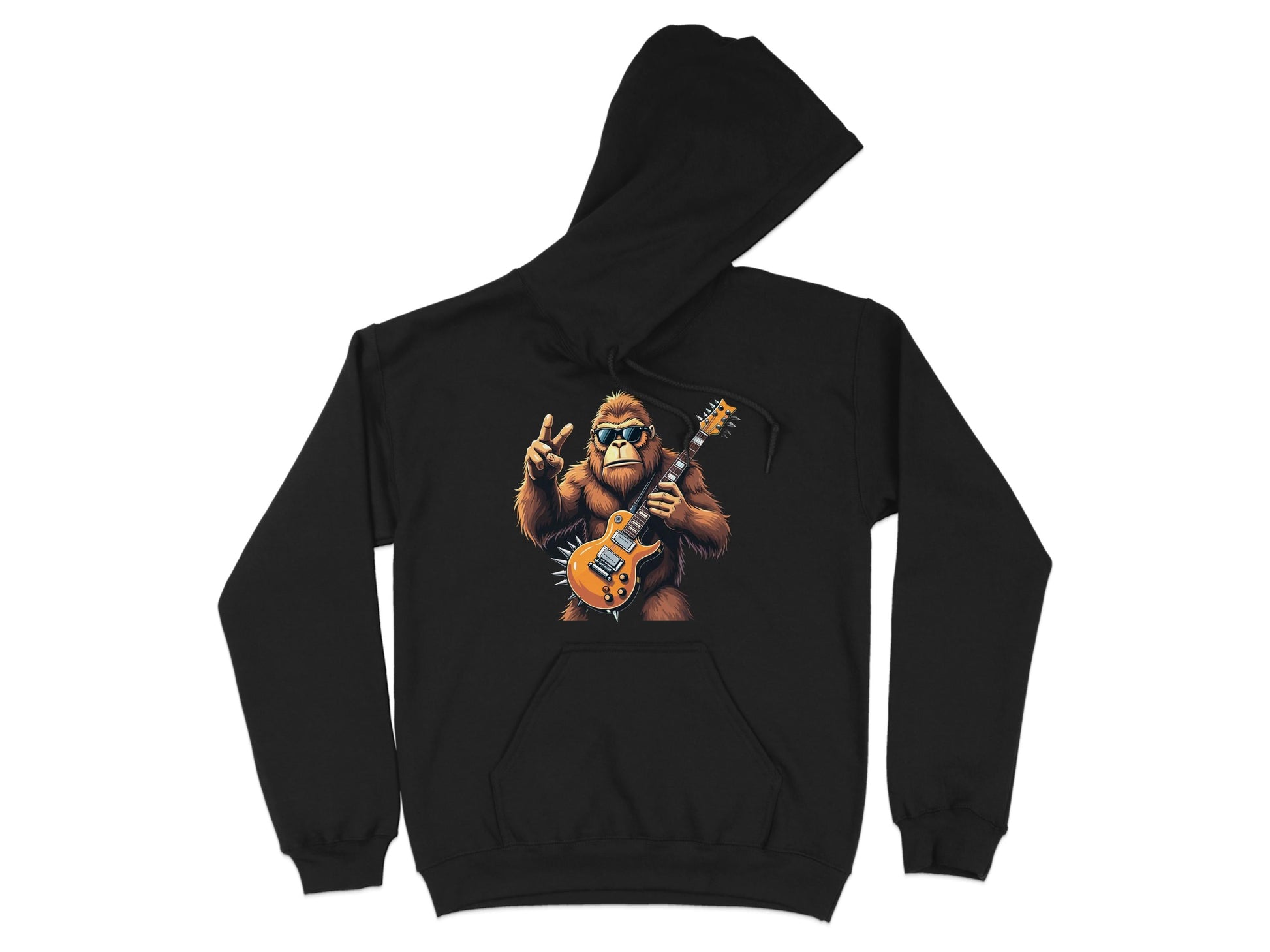 Garment Graphics black gorilla hoodie for music lovers features a cartoon brown gorilla rocking sunglasses, casually holding an orange electric guitar with white details, and flashing a peace sign.