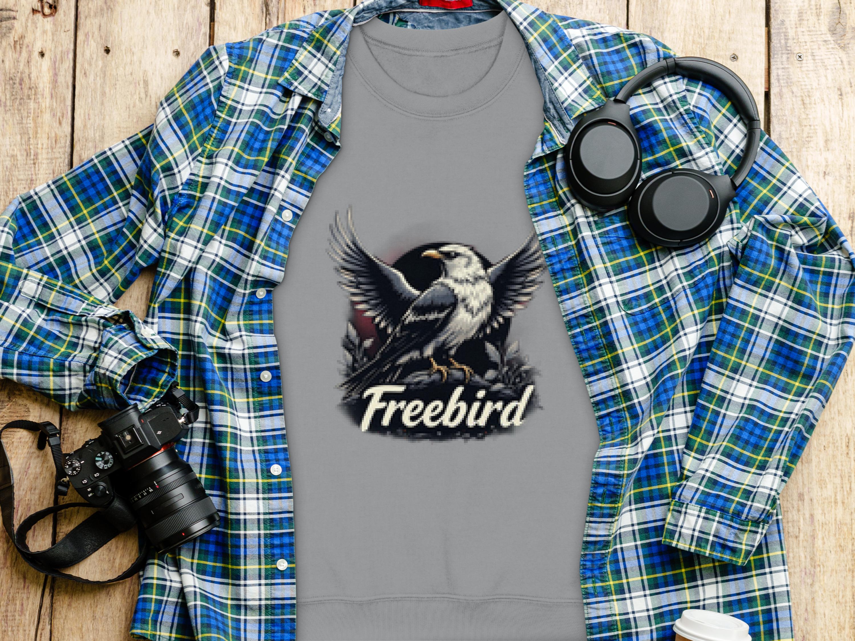 A Garment Graphics gray T-shirt with an eagle and Freebird design sits on wood, paired with a blue and green plaid shirt, black camera, headphones, and white-topped coffee cup. The unisex fit suits any wardrobe.