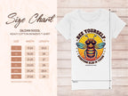 On the left, a size chart for Garment Graphics heavy cotton womens t-shirts details dimensions from S to 3XL. On the right, a white Bee Yourself T-Shirt showcases a bee illustration and the cheerful message Bee Yourself, Everyone Else is Taken, Summer Edition.