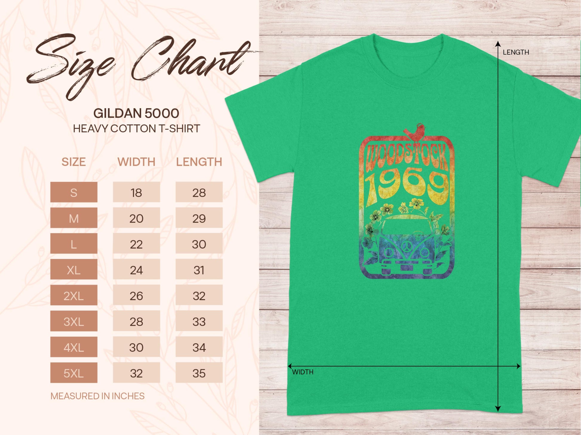 Garment Graphics offers a green T-shirt featuring a Woodstock 1969 design with a retro van and flowers, perfect for music lovers. The shirt follows the Gildan 5000 Heavy Cotton size chart, providing width and length in inches for sizes S to 5XL.