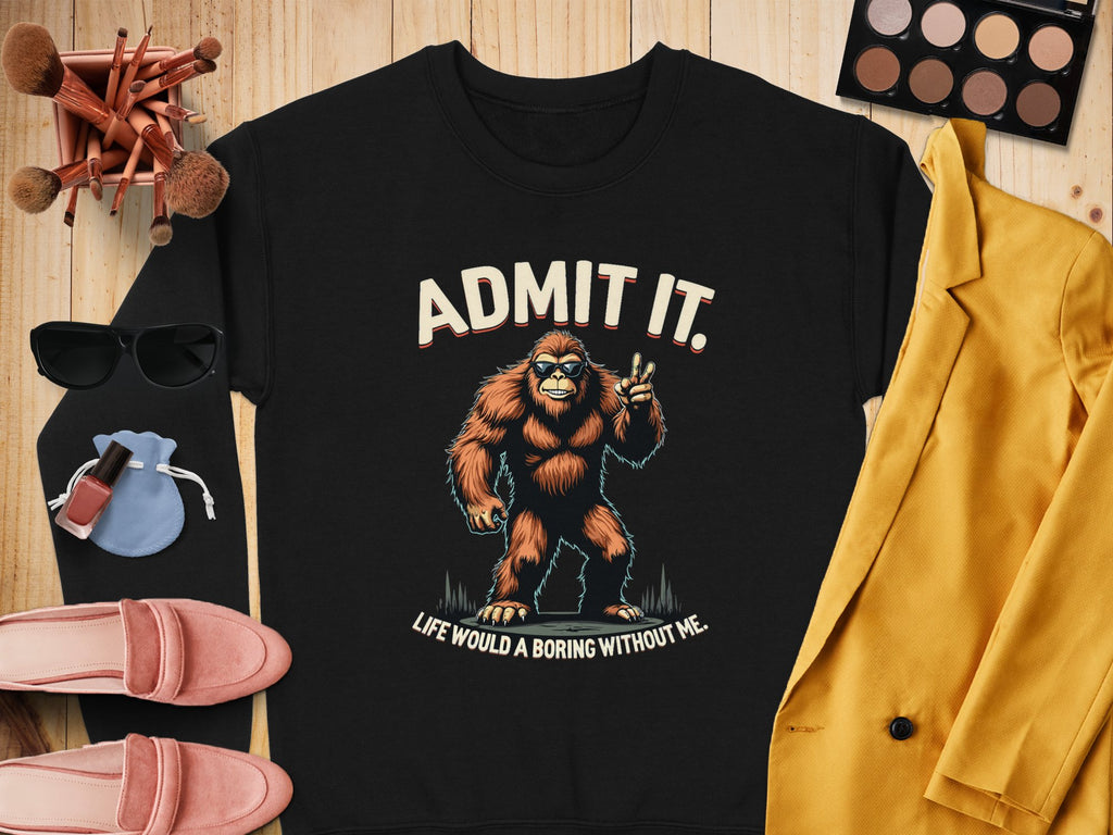 A flat lay displays a Garment Graphics black sweatshirt with a playful Bigfoot graphic and the text Admit it. Life would be boring without me. Surrounded by makeup brushes, sunglasses, a blue pouch, pink shoes, a yellow blazer, nail polish, lipstick, and an eyeshadow palette. Perfect for casual wear.