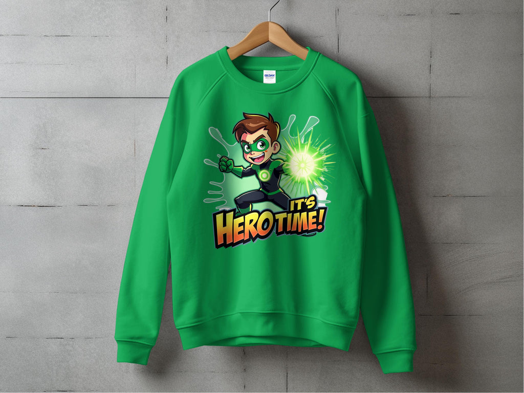 A vibrant Garment Graphics sweatshirt hangs on a gray wall, featuring an animated character with spiky hair and a glowing green arm. Ideal for adventure-loving youth, its colorful design adds energetic flair to any wardrobe.