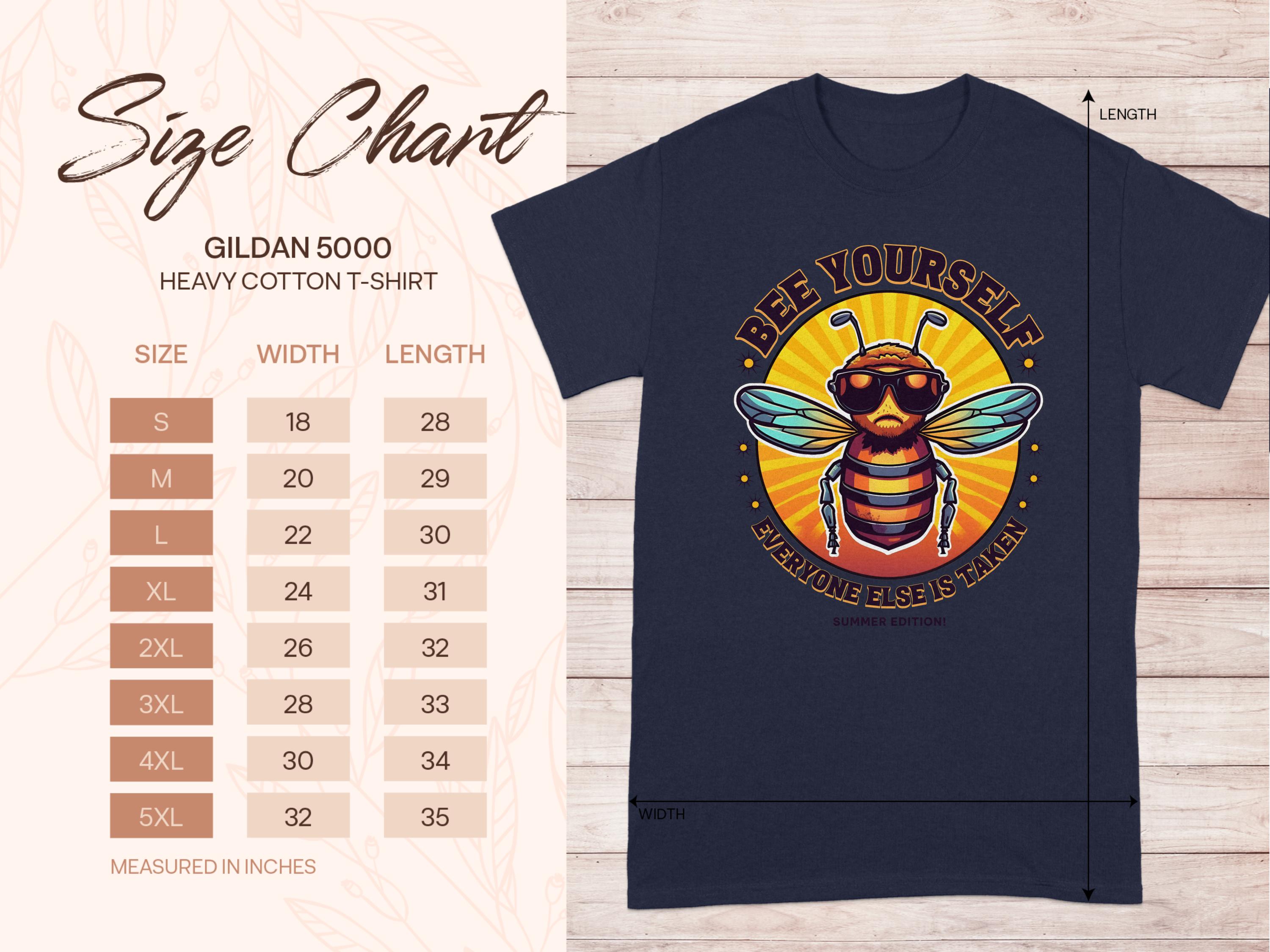 A black Gildan 5000 T-shirt by Garment Graphics features a bee in sunglasses with BEE YOURSELF, everyone else is taken. Available in family sizes S to 5XL, this shirt offers comfort and style for all.