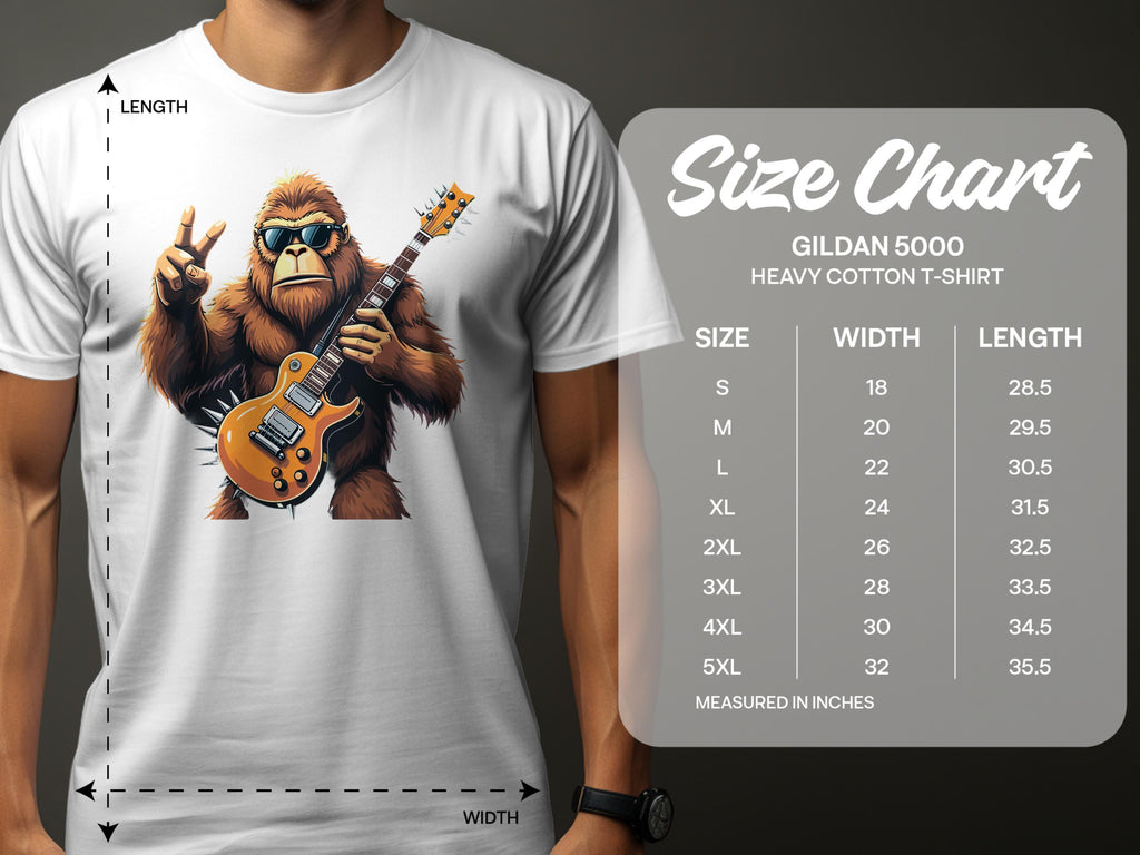 A man in a Garment Graphics white t-shirt displays a gorilla jamming on an electric guitar. Ideal for music lovers, the Gildan 5000 heavy cotton shirt includes a size chart with measurements from S to 5XL.