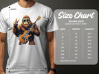 A man in a Garment Graphics white t-shirt displays a gorilla jamming on an electric guitar. Ideal for music lovers, the Gildan 5000 heavy cotton shirt includes a size chart with measurements from S to 5XL.