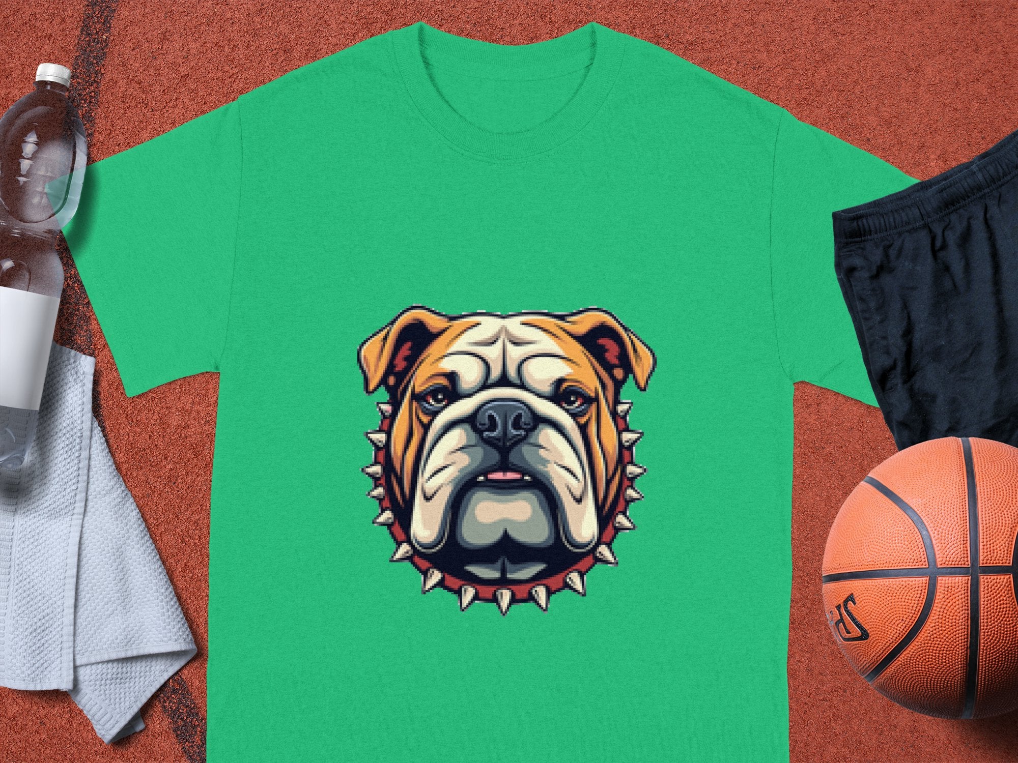 A Garment Graphics green T-shirt with a bulldog and spiked collar graphic is on a basketball court. To its left, theres a water bottle and white towel; to its right, black shorts and an orange basketball, ideal for family-sized adventures.