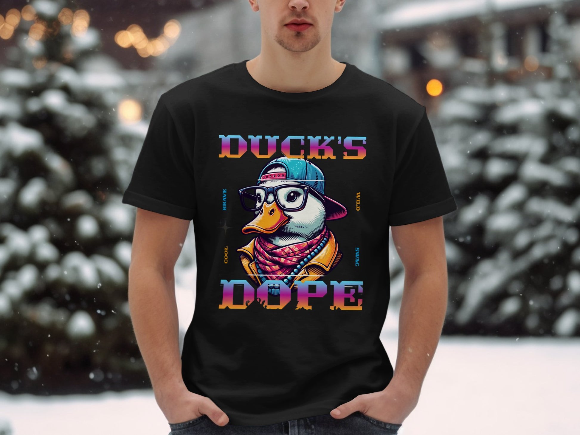 Outside in the snow, someone wears a Garment Graphics T-Shirt featuring a duck with a cap, sunglasses, and scarf. The bold design stands out against the snowy trees.