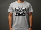 A person wears a Garment Graphics light gray T-shirt featuring a black and white Formula One race car illustration with checkered flags, while their face is unseen, capturing the motorsport essence.
