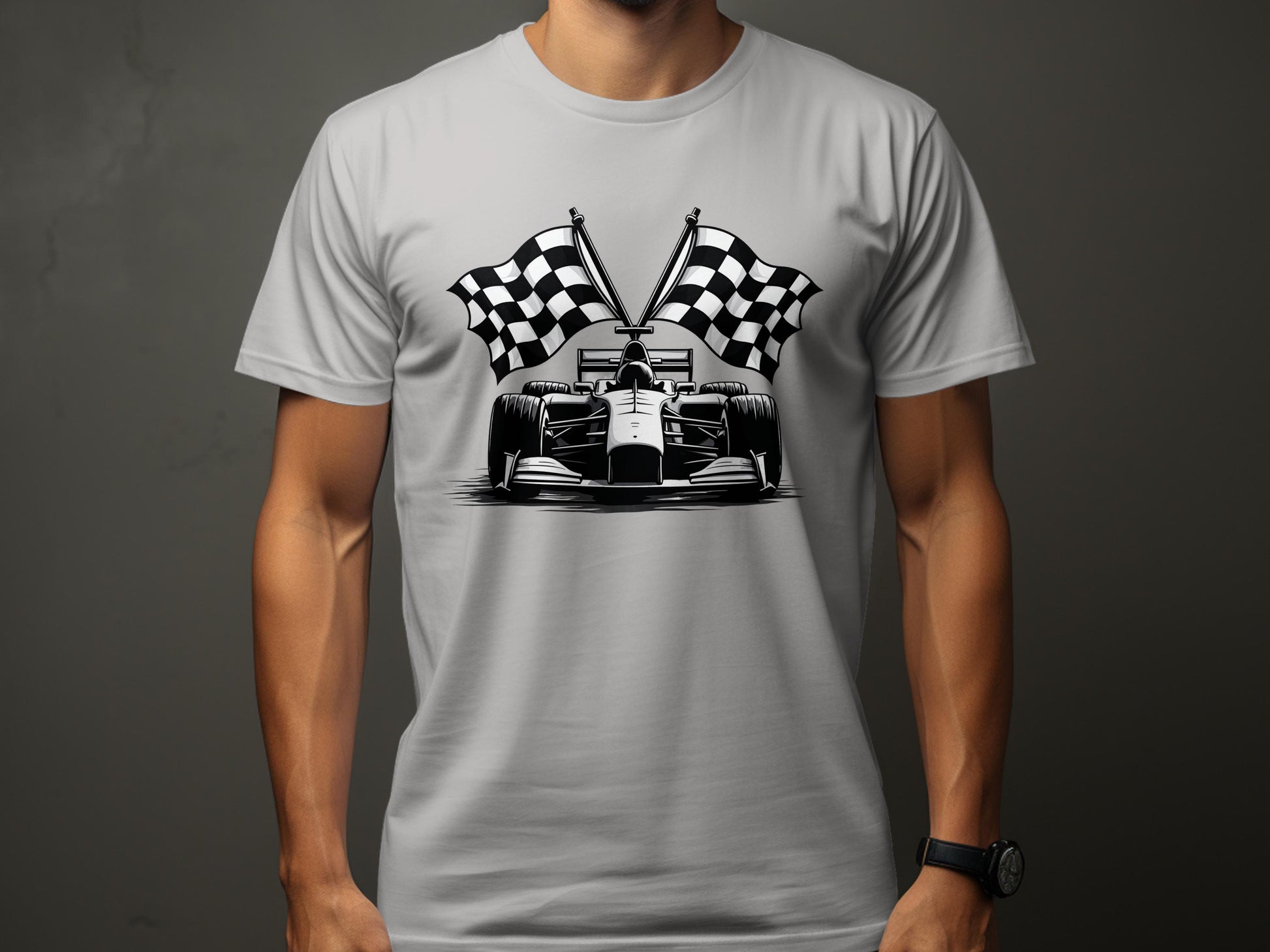 A person wears a Garment Graphics light gray T-shirt featuring a black and white Formula One race car illustration with checkered flags, while their face is unseen, capturing the motorsport essence.