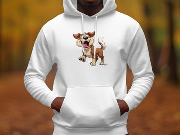 A cartoon puppy hoodie from Garment Graphics, featuring a playful barking dog on the front, makes a fun addition to any wardrobe. The wearer is against a blurred outdoor scene with autumn leaves and trees, offering a cozy vibe for dog lovers.