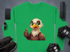 The Garment Graphics sweatshirt, featuring a green cartoon eagle and unisex sizing, sits cheerfully among a smartphone, smartwatch, sneakers, portable speaker, and two dumbbells on a gray surface.