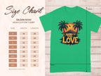 A Garment Graphics T-shirt with a One Love design shows two palm trees, a tropical sunset, and flying birds on green fabric—ideal for beach fans. To the left is a Gildan 5000 Heavy Cotton size chart listing measurements for S to 5XL in inches.