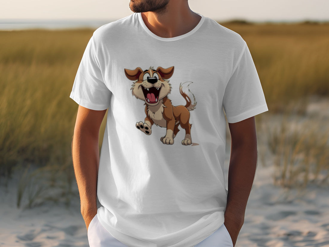 A dog lover wearing a Garment Graphics white T-shirt with a cartoon brown and white dog, expressing joy with a wagging tail, enjoys the sandy beach. A grassy field extends to the shoreline in the background.
