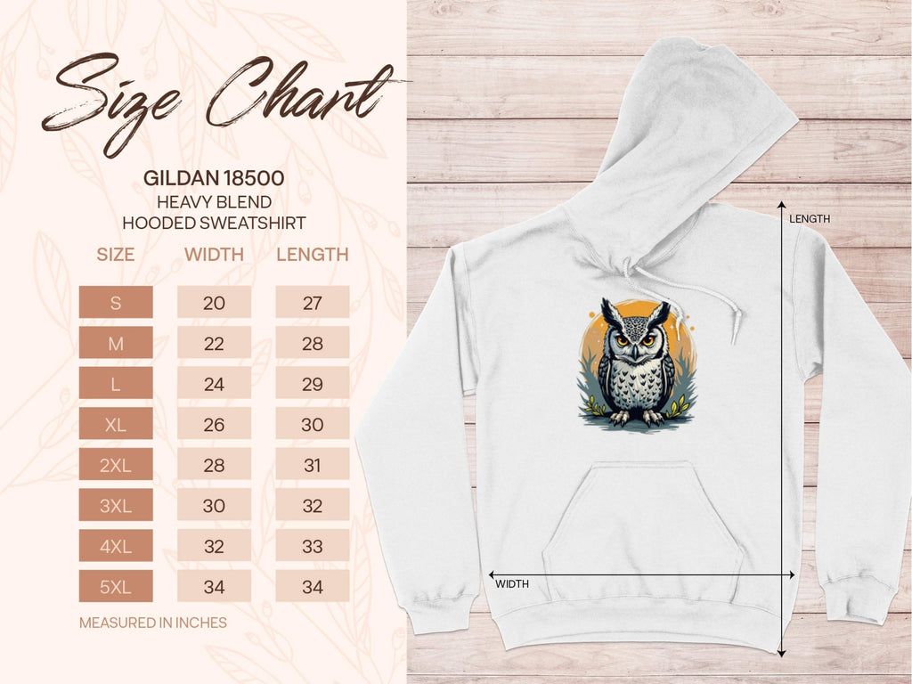 The white owl artwork hoodie by Garment Graphics features a classic fit. Next to it, a size chart for the Gildan 18500 Heavy Blend Hooded Sweatshirt shows sizes S-5XL with width and length in inches.