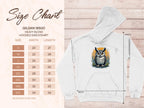 The white owl artwork hoodie by Garment Graphics features a classic fit. Next to it, a size chart for the Gildan 18500 Heavy Blend Hooded Sweatshirt shows sizes S-5XL with width and length in inches.