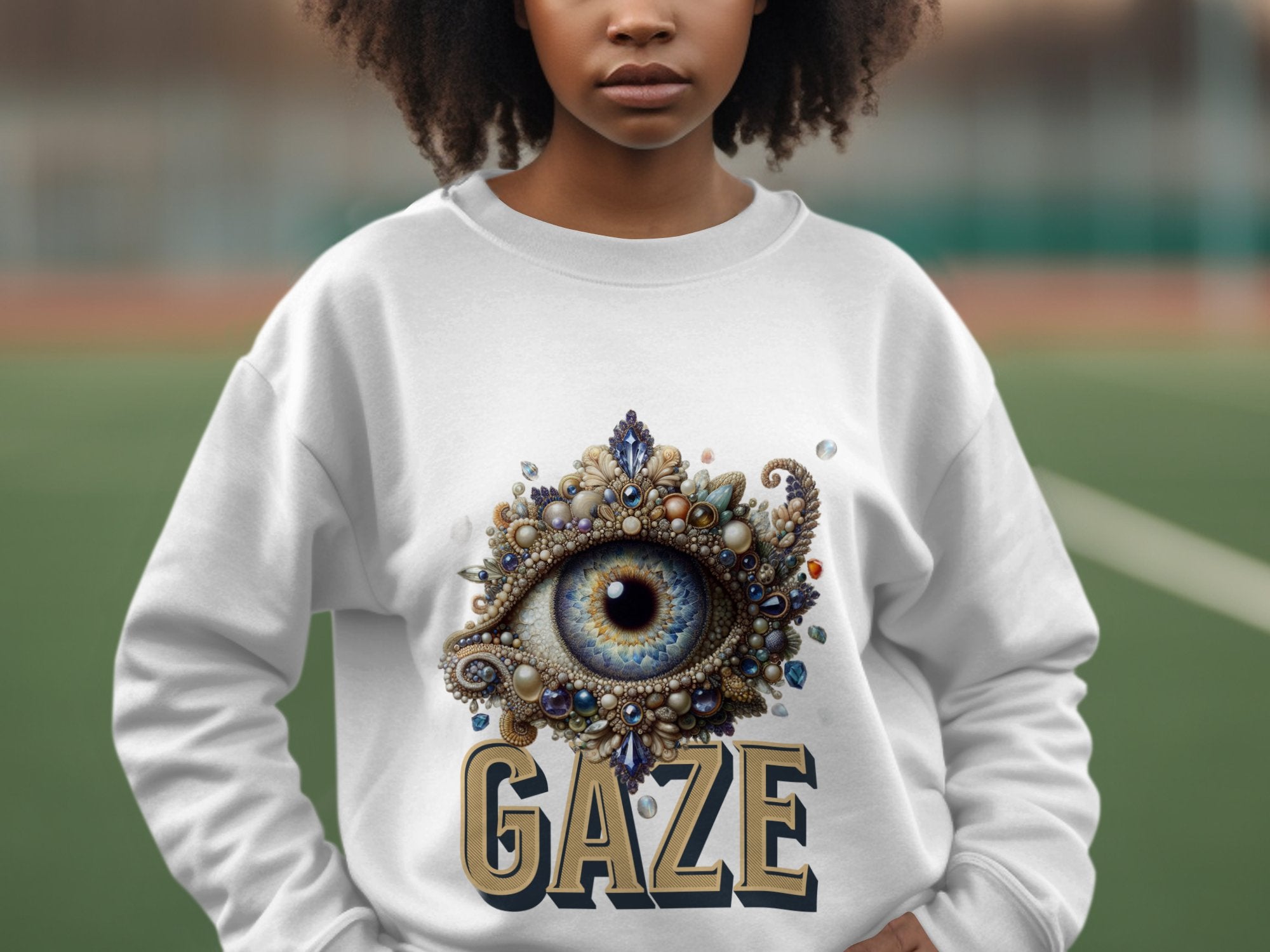 A person wearing a Garment Graphics white sweatshirt stands outdoors. The unisex sweatshirt features a jeweled eye graphic above the word GAZE, offering versatile sizing.