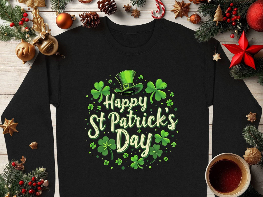 A Garment Graphics black shamrock graphic sweatshirt displaying Happy St Patricks Day with shamrocks and a green leprechaun hat sits on wood, surrounded by evergreen branches, pine cones, red stars, and a cup of tea, exuding festive cheer.