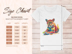 Garment Graphics white T-shirt showcases a vibrant puma graphic print. A size chart for Gildan 5000L heavy cotton womens T-Shirts, sizes S to 3XL, is displayed on the left, indicating width and length in inches. The background features a subtle leaf pattern.