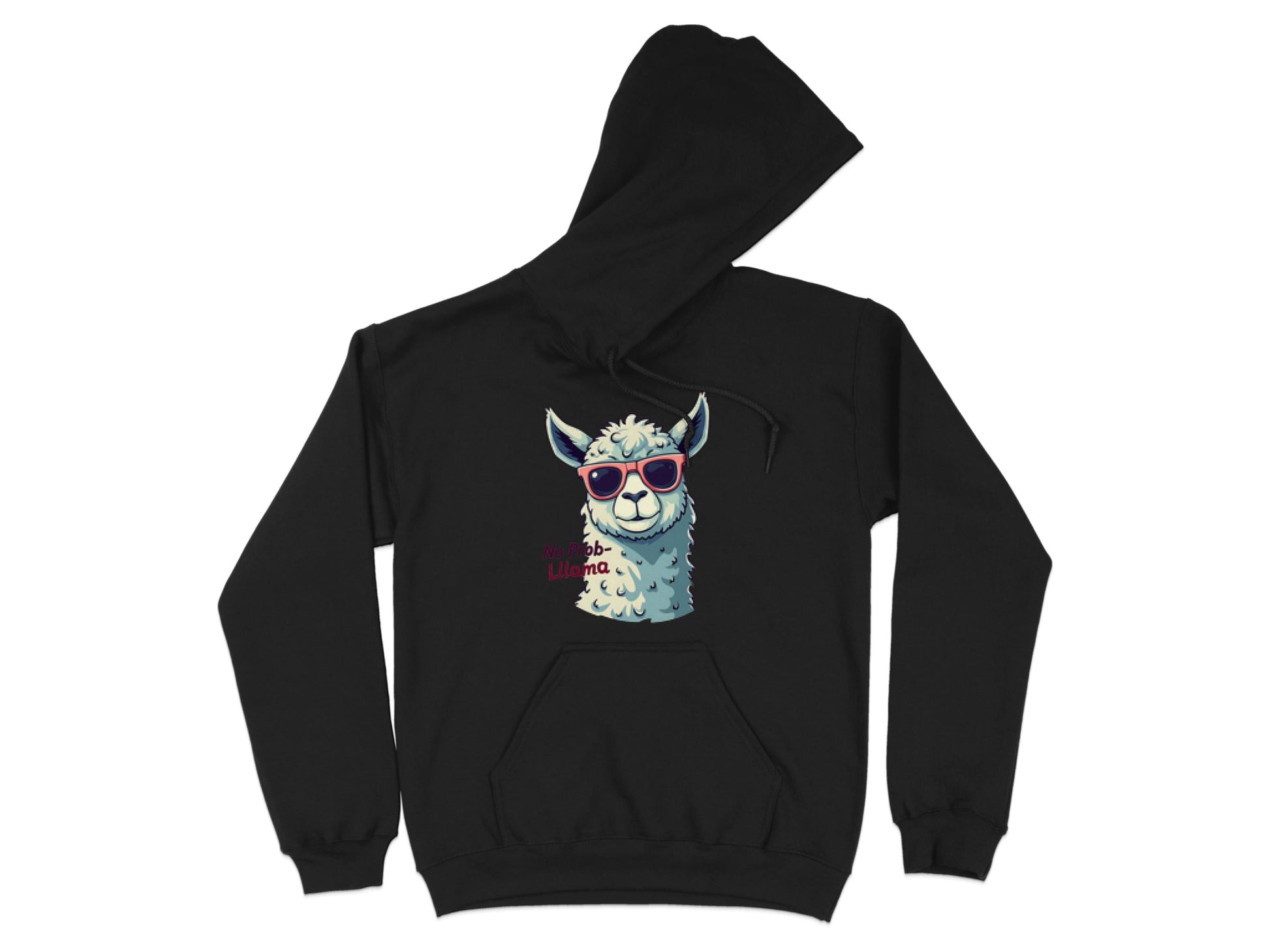 Garment Graphics offers a classic fit black hoodie with a quirky llama in funny sunglasses and the phrase No Prob Llama. It features a front pocket and drawstring hood, blending comfort with humor.