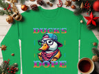 Presenting the Garment Graphics Sweatshirt: a medium-heavy green sweatshirt showcasing a cartoon duck with glasses, a backward cap, and scarf. The text says DUCKS DOPE. Nestled with holiday decor and hot drinks on wood, it offers unisex sizing.