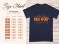 Garment Graphics navy blue T-shirt features orange Youre My Cup of Tea text on the right, is made from 100% cotton, and uses the Gildan 5000 heavy cotton size chart with measurements for sizes S to 5XL.