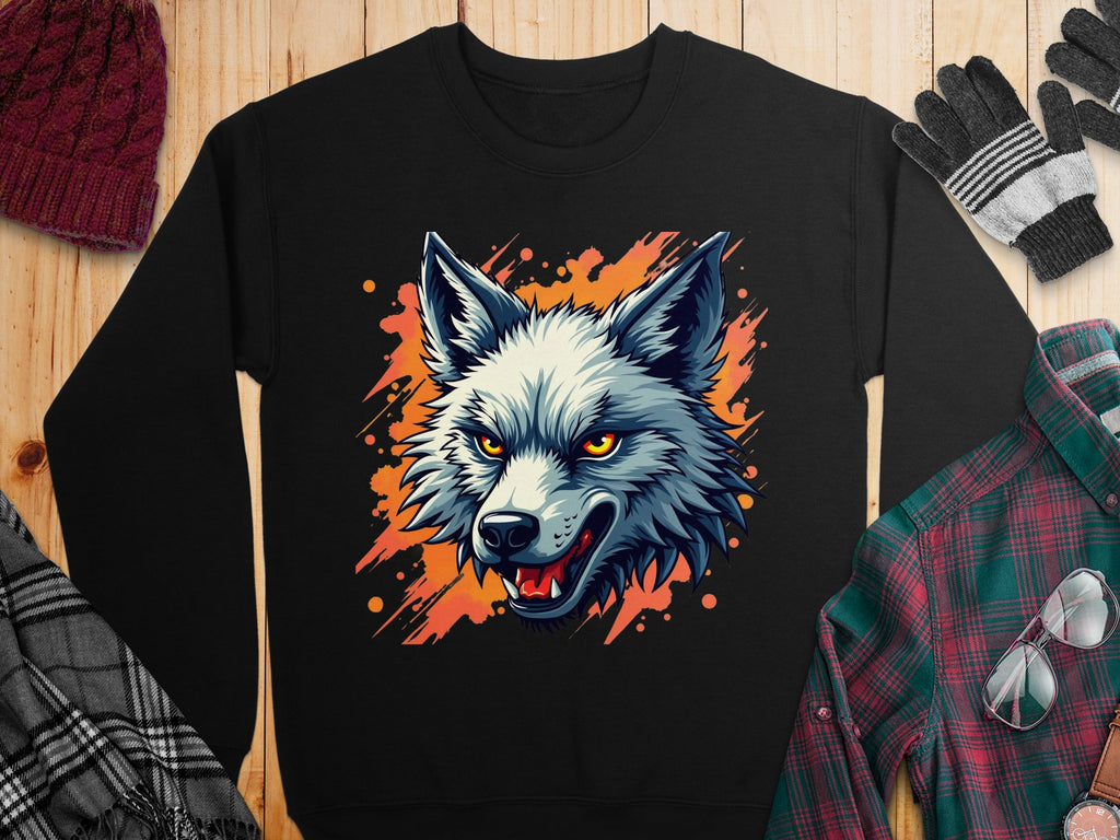 A bold Garment Graphics sweatshirt featuring a fierce illustrated wolf head with bright yellow eyes and bared teeth against an orange splash background, laid on wood and surrounded by winter wear, perfect for revealing your wild side.