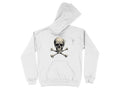 The Garment Graphics white hoodie features a central skull and crossbones design with detailed skull artistry, front pocket, and drawstring hood, perfect for bold style enthusiasts.